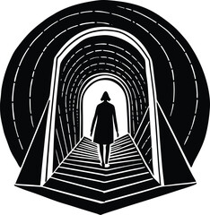 Into the Unknown: A solitary figure walks into the illuminated depths of a tunnel, embodying the journey through the darkness towards the promise of light. This illustration uses lines, forms.