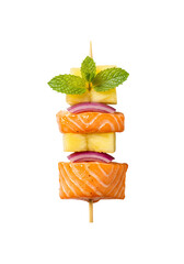 Appetizing salmon skewer with pineapple and onion slices on transparent background