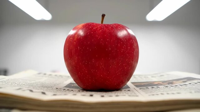 Red apple resting on a stack of newspapers under bright office lighting, symbolizing knowledge and healthy living, close up footage