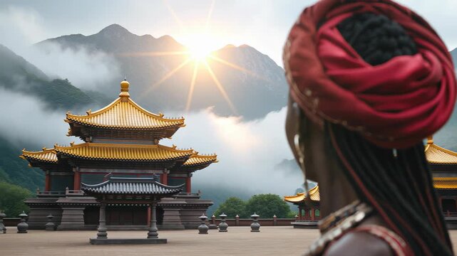 Beautiful woman wearing traditional attire and jewelry stands in a scenic outdoor location surrounded by mountains during daylight hours