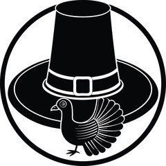 Thanksgiving Symbol: A black and white illustration of a pilgrim hat and a turkey, symbolizing the essence of Thanksgiving.