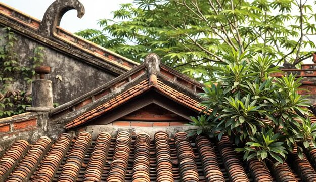 Traditional tiled roof pattern in Hanoi, Vietnam: rustic architecture and cultural heritage

