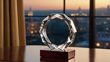 An image of a nicely created crystal blank trophy in high definition. The prize appears to be prepared for presentation to a worthy person, ready to be inscribed with a name or an accomplishment.