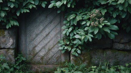 Stone wall with a door and a lot of green leaves