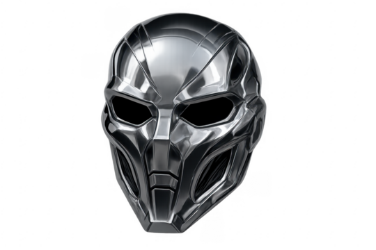 Silver metallic futuristic warrior helmet mask on transparent background
