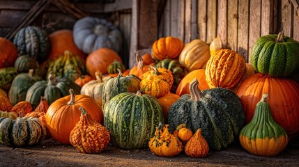 Variety of colorful pumpkins displayed in rustic setting for autumn harvest