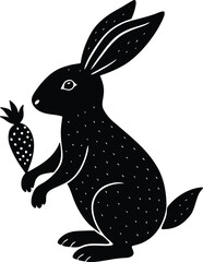A Whimsical Silhouette: An endearing black bunny holds a delightful carrot in a charming, artistic illustration. This piece captures the essence of simplicity and nature's grace.
