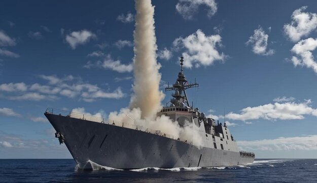 Gray naval frigate launching surface-to-air missile with bright orange flame and gray smoke trail, modern warship on calm ocean waters during weapons test, missile visible in flight trajectory above