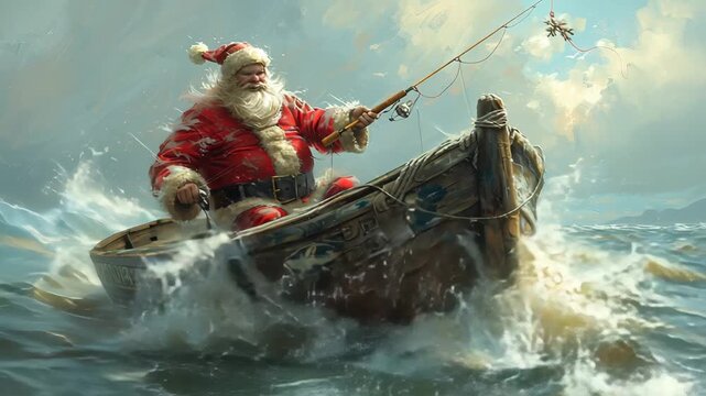 Santa claus fishing in a stormy sea, sitting in a small boat amidst rough waves and splashing water, with a determined expression 4k video