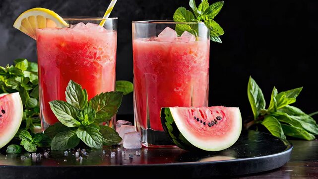 Refreshing watermelon drinks with mint and lemon on a dark background