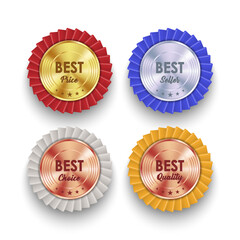 Round best quality premium badges collection from gold silver bronze and copper realistic isolated vector illustration