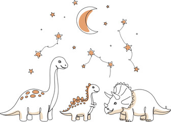 Dinosaur illustration set single continuous line art. Tyrannosaurus Rex, Triceratops, Brontosaurus, Stegosaurus, Pterodactyl Minimalist animal outline drawing for coloring books, logos, kids designs