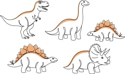 Dinosaur illustration set single continuous line art. Tyrannosaurus Rex, Triceratops, Brontosaurus, Stegosaurus, Pterodactyl Minimalist animal outline drawing for coloring books, logos, kids designs