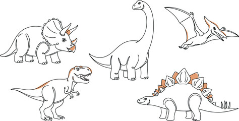 cartoon cute dinosaur outlines: T-Rex, Brachiosaurus, Pterodactyl, Stegosaurus. vector line art illustration for kids' coloring, educational fun, playful designs, tshirt design. Clipart baby dino set