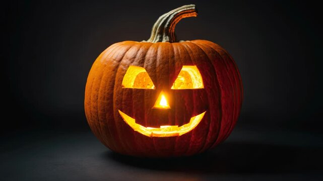 Halloween pumpkin carved with a smiling face illuminated against a dark background