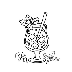 Vector sketch of cocktail in decorative glass with mint, ice cubes, and straw. Perfect for menus, posters, party invitations, summer events, and bar promotions.