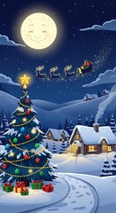 Christmas Eve Magic - Santas Sleigh Over Snowy Village.