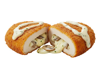 Breaded chicken cutlet with mushroom filling and sauce transparent background