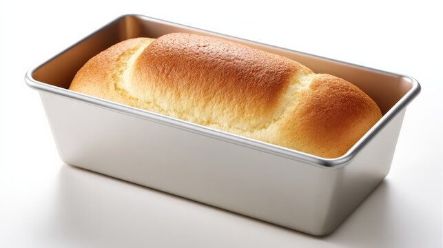 Freshly baked loaf of bread in metal baking pan