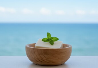 White organic or handmade soap with mint leaves in a wooden bowl against a serene ocean and sky backdrop in a bright setting