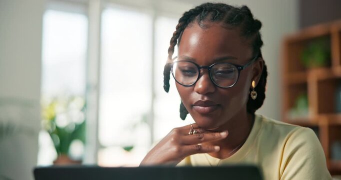 Laptop, thinking and student or black woman in home for elearning portal, research and study schedule. Assignment question, university course and reflection with person in living room of house