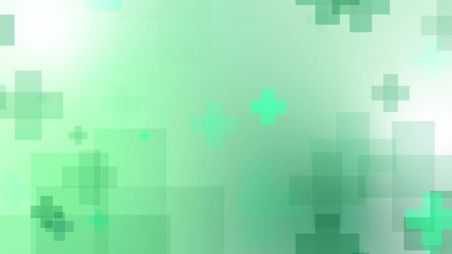 surgical green medical themed first aid plus crosses rising slowly with different ghostly transparency layers in an animated motion background with a green and white gradient backdrop 4K animation