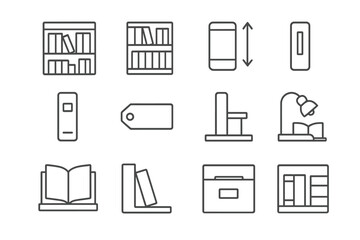 Bookshelf Vector Icons. Outline vector icons of bookshelf organization: fiction zone, nonfiction row, height