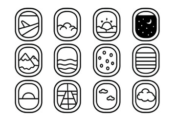 Window Seat Vistas Icons. Outline vector icons of window seat views: airplane wing, cloud layer, sunrise view,