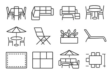 Patio Furniture Icons. Outline vector icons of patio furniture arrangement: table center, corner set,