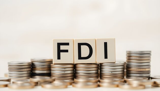 Stacks of coins with the letters FDI on blocks, representing foreign direct investment.