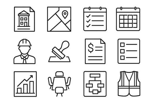 Construction Planning Icons. Outline vector icons of construction project planning: building permit, zoning