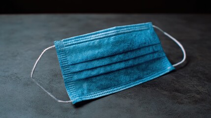 Blue disposable face mask on dark textured surface with dramatic lighting