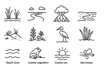 Coastal Ecosystem Icons. Outline icon set of coastal ecosystems: salt marsh, estuary icon, mangrove roots,