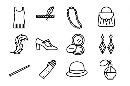 Flapper Era Icons. Outline icon set of 1920s flapper style: flapper dress, beaded headband, long pearl strand,