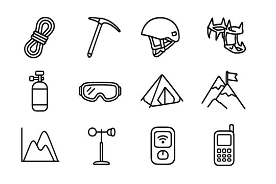 Mountain Expedition Icons. Outline icon set of mountain expedition essentials: climbing rope, ice axe, helmet,