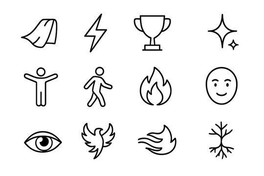Self-Empowerment Icons. Outline icon set of self-empowerment: superhero cape, lightning bolt, trophy icon,