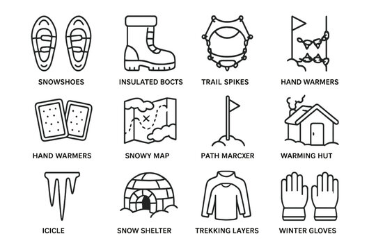 Winter Hiking Icons. Outline icon set of winter hiking and snow trails: snowshoes, insulated boots, trail