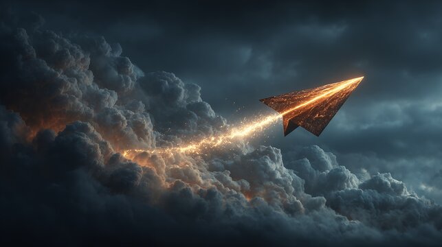 paper airplane flying through storm clouds - Powered by Adobe