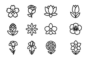 National Flower Icons. Outline icon set of national flowers: cherry blossom (Japan), rose (USA), lotus (India)