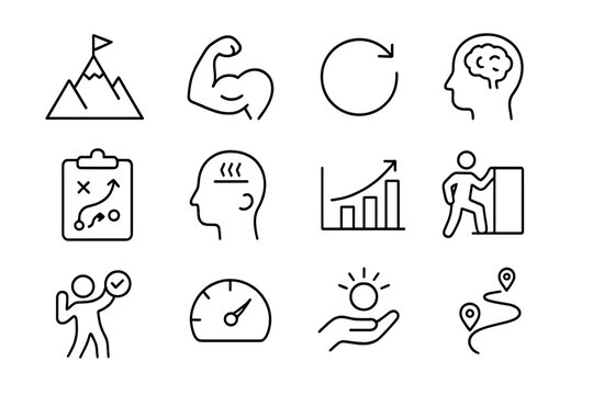 Resilience Coaching Icons. Outline icon set of resilience coaching for teams: mountain icon, strength icon,