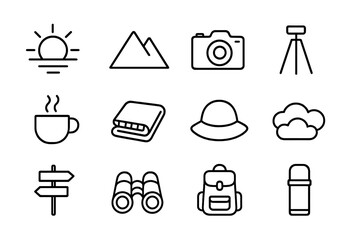 Sunrise Viewpoint Icons. Outline icon set of sunrise viewpoint stop: sun, mountain, camera, tripod, coffee cup