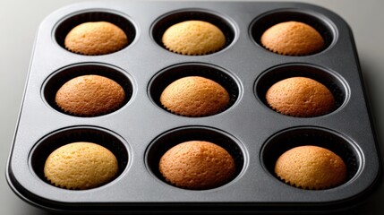 Freshly baked cupcakes in a muffin pan displayed symmetrically with golden brown tones