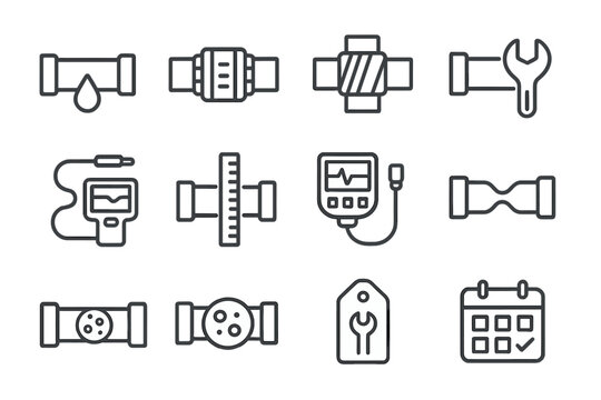Pipe Repair Icons. Outline icon set of pipe maintenance and repairs: leak icon, patch clamp, pipe wrap,