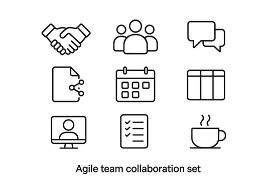 Agile Team Icons. Outline icon set of agile team collaboration: handshake, group icon, chat bubble, shared