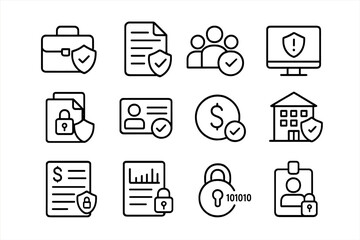 Secure Banking Icons. Outline icon set of secure business banking: corporate account shield, transaction