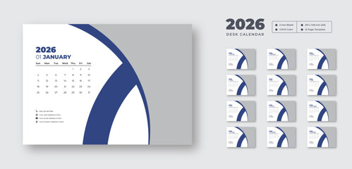 2026 desk calendar template | Editable vector planner with Sunday start | Clean printable layout for corporate or office use