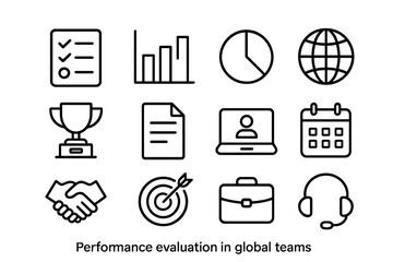 Global Team Evaluation Icons. Outline icon set of performance evaluation in global teams: checklist, bar graph
