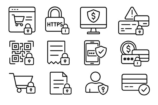 Secure Payment Icons Grid. Outline icon set of secure e-commerce payments: secure checkout page, HTTPS lock,