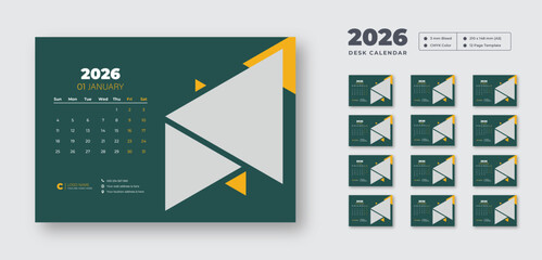 Desk calendar 2026 | Monthly planner with Sunday start | Printable 12-page vector layout for student or office use