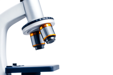 Microscope objective lenses with gold and silver detail isolated on a transparent background